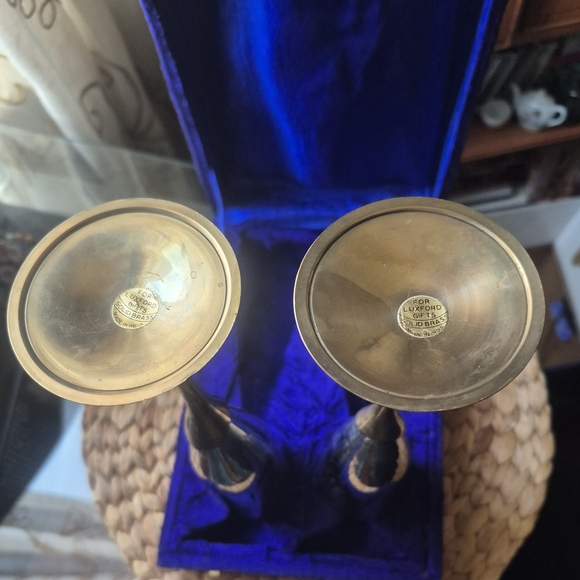 Set of 2 Vint. Solid Brass Stemmed Tulip CHAMPAGNE FLUTES In Velvet Box - Picture 5 of 11